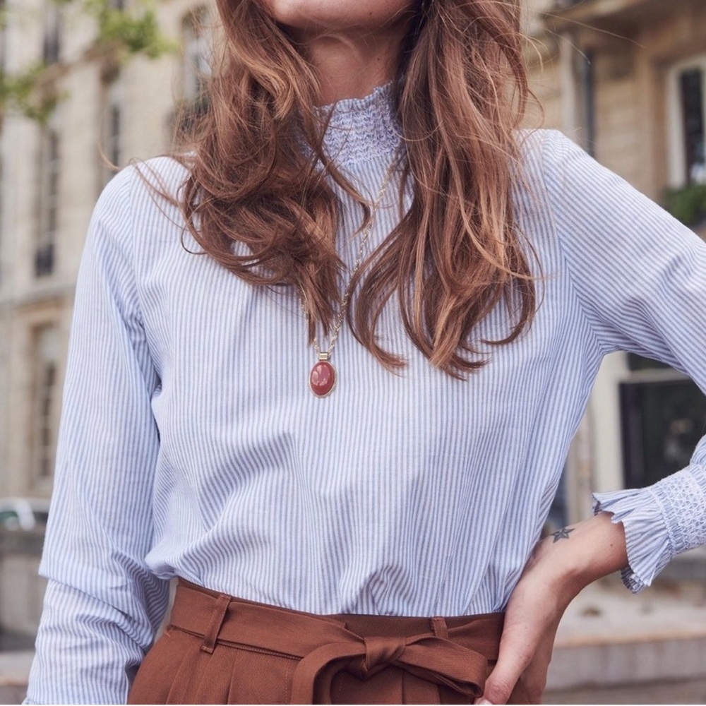 Sézane Kathy Long Sleeve Blue and White Stripe Blouse w/ Ruffle neck & cuffs
